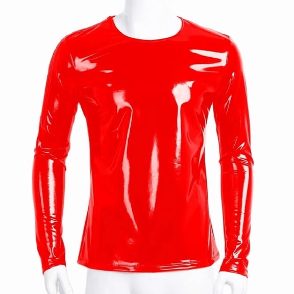 Men Sexy Leather T-Shirt, Plus Size S-7XL, Glossy PVC Leather, Shiny Latex Long Sleeve Coat for Male