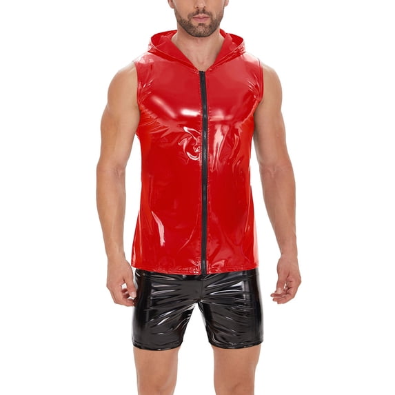 Men Sexy Leather Tank Top, Shiny PVC Leather, Hoodies Shirts Sleeveless, Male Glossy Leather Vest