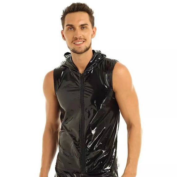 Men Sexy Leather Tank Top, Shiny PVC Leather, Hoodies Shirts Sleeveless, Male Glossy Leather Vest