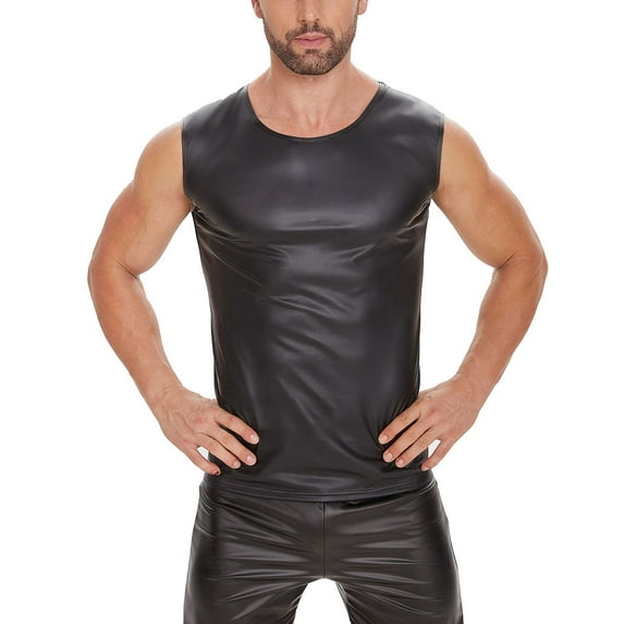 Men Sexy Leather Tank Top, Shiny Soft Matte Leather, Elastic, Male Black Leather T-shirt