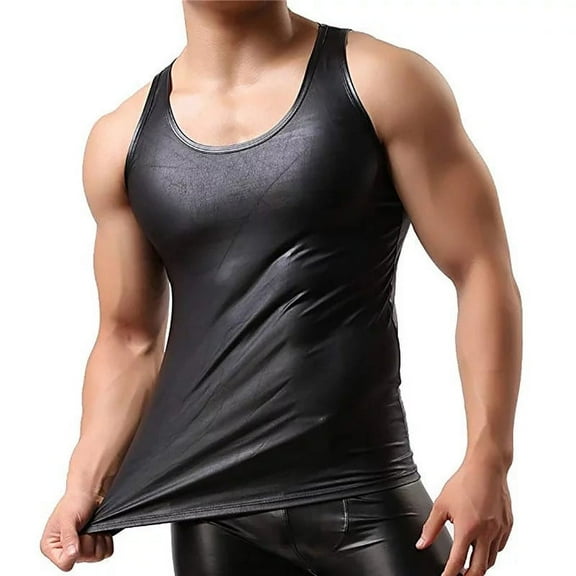 Men Sexy Leather Tank Top, Shiny Soft Matte Leather, Plus Size S-5XL, Male Black Leather Vest