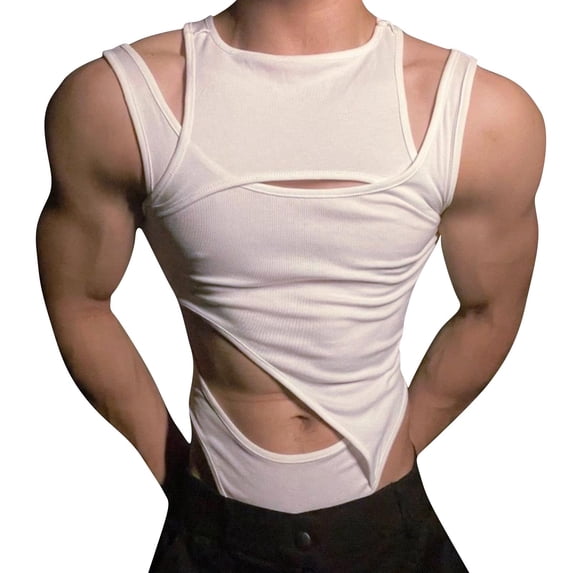 Men Sexy Sleeveless Tank Tops Cut Out Round Neck Slim Fitted One Piece Buckled Bodysuit Underwear for Club Party