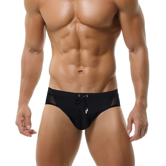 Men Sexy Swim Bikini Quick Dry Surfing Swimming Briefs Low Rise Padded Bathing Suit Briefs Breathable Drawstring Printed Swimsuit Size M