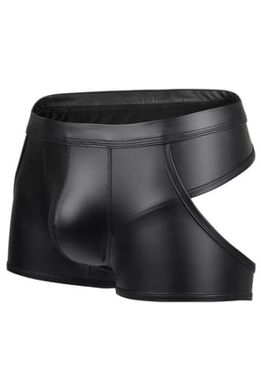Men Sexy Thong Panties Solid Color Low Waist Breathable Comfortable Shorts Faux Leather G-StringBlackS