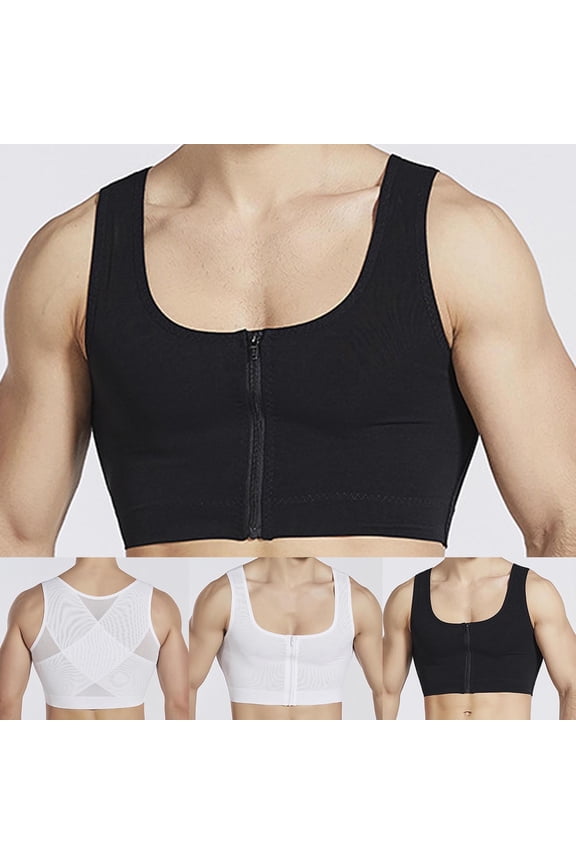 Men Shapewear Slimming Body Shaper Compression Shirt Half Crop Tank top with Zipper Underwear for Tummy Control White