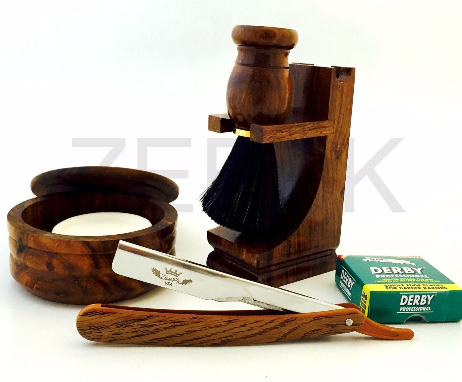 Men Shaving gift set Zeepk Straight Razor 100 Derby Blades Brush Soap Wood6-1615