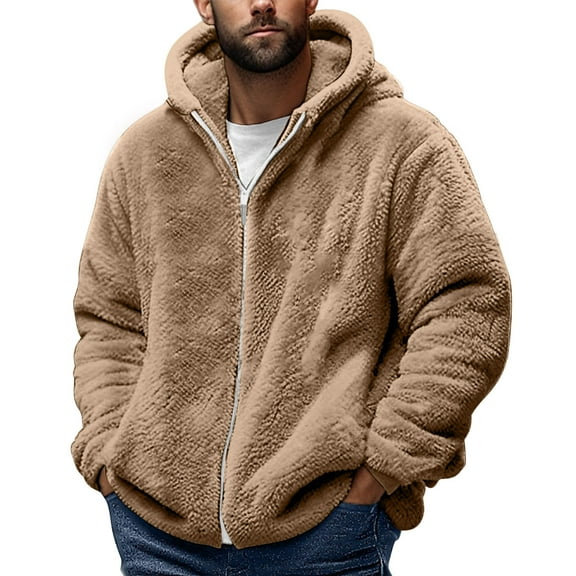 Men Sherpa Jacket Winter Long Sleeved Velvet Hooded Jackets Warm Soft Full Zipper Thickened Coat with Pockets Khaki M