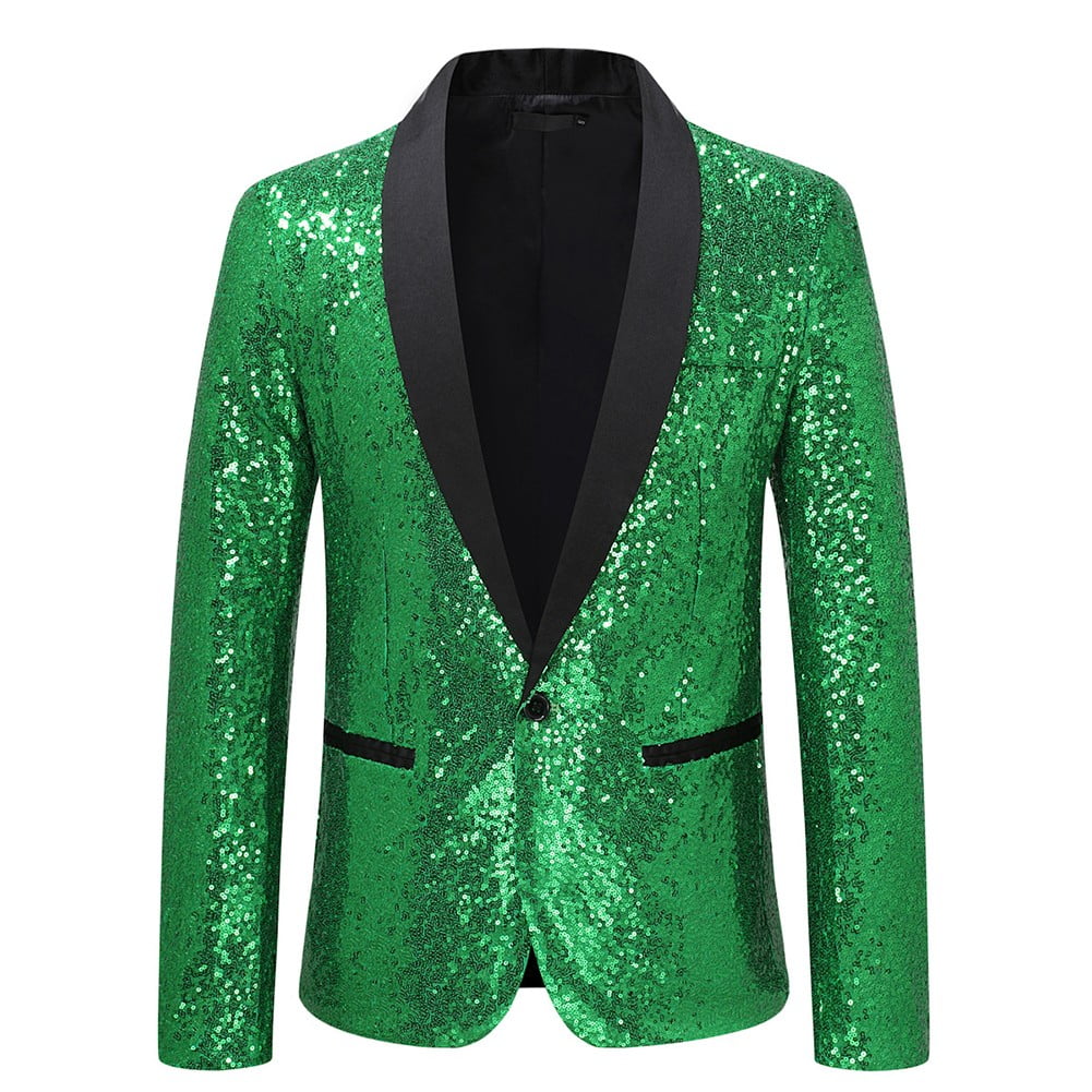 Men Shiny Gold Sequin Glitter Embellished Blazer Jacket Prom
