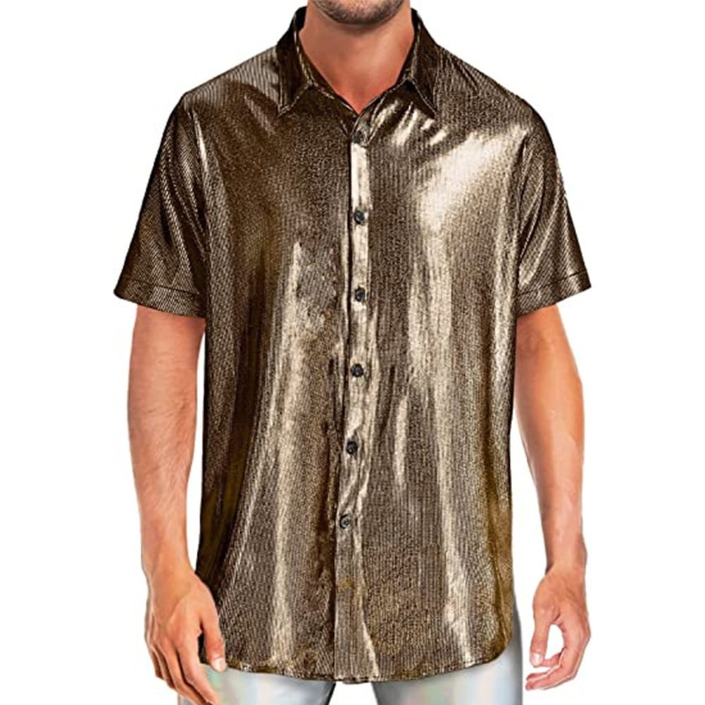 Men Shiny Lapel Shirts Short Sleeve Casual Blouse Button Down Top 70s ...