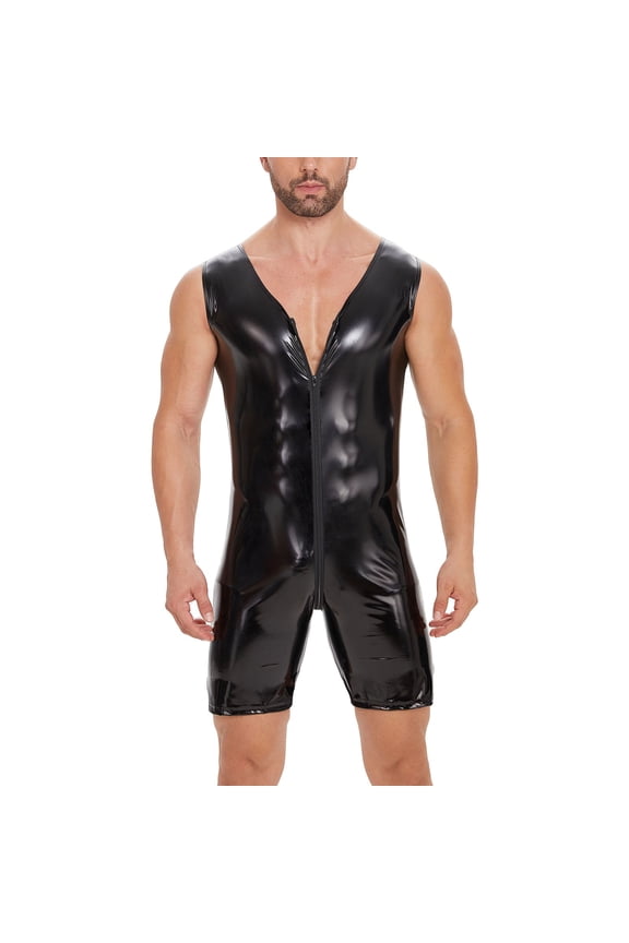Men Shiny Leather Bodysuit, Sexy Zipper Open Crotch, Latex Leotard Crotchless