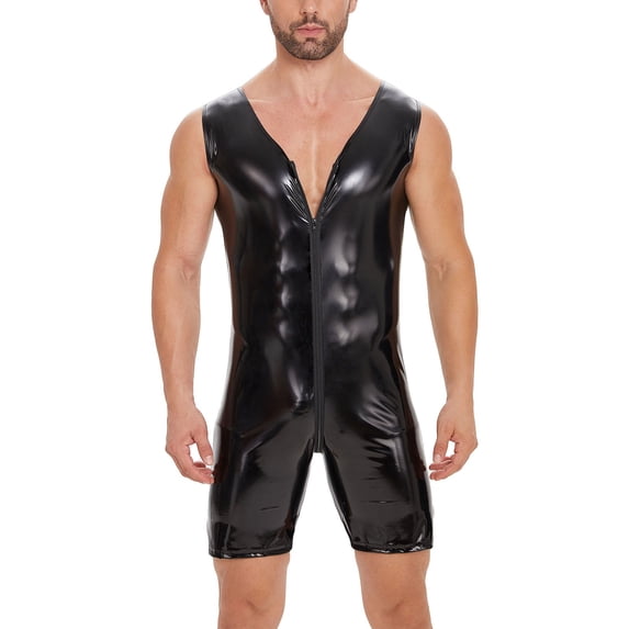 Men Shiny Leather Bodysuit, Sexy Zipper Open Crotch, Latex Leotard Crotchless