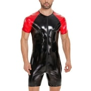 Men Shiny Leather Bodysuit, Sexy Zipper Open Crotch, Latex Leotard Crotchless