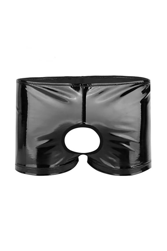 Men Shiny Leather Boxer, Sexy Open Crotch, Glossy PVC Leather, Wetlook Latex Short Pants