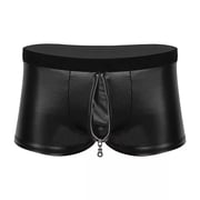 Men Shiny Leather Boxer, Sexy Open Crotch, Soft Leather Short Pants Crotchless