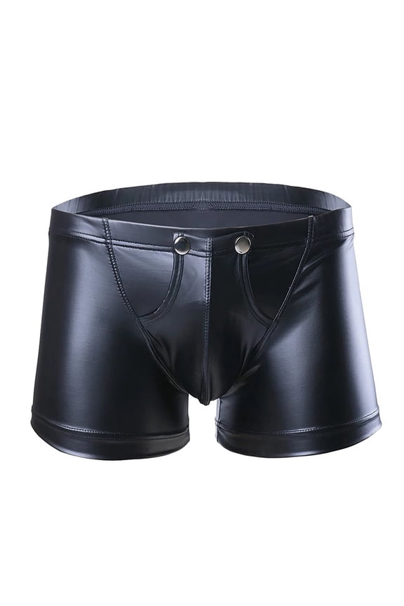 Men Shiny Leather Boxer, Sexy Open Crotch, Soft Matte Leather, Shaping Short Pants