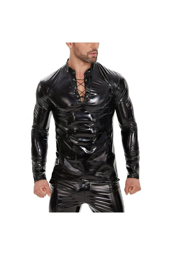 Men Shiny Leather Shirt, Long Sleeve, Adjustable Drawstring, Male Wetlook Latex Casual Tops