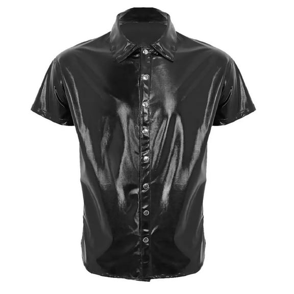 Men Shiny Leather Shirt, Soft Patent Leather, Plus Size 3XL, Male Black Leather Short Sleeve Shirt