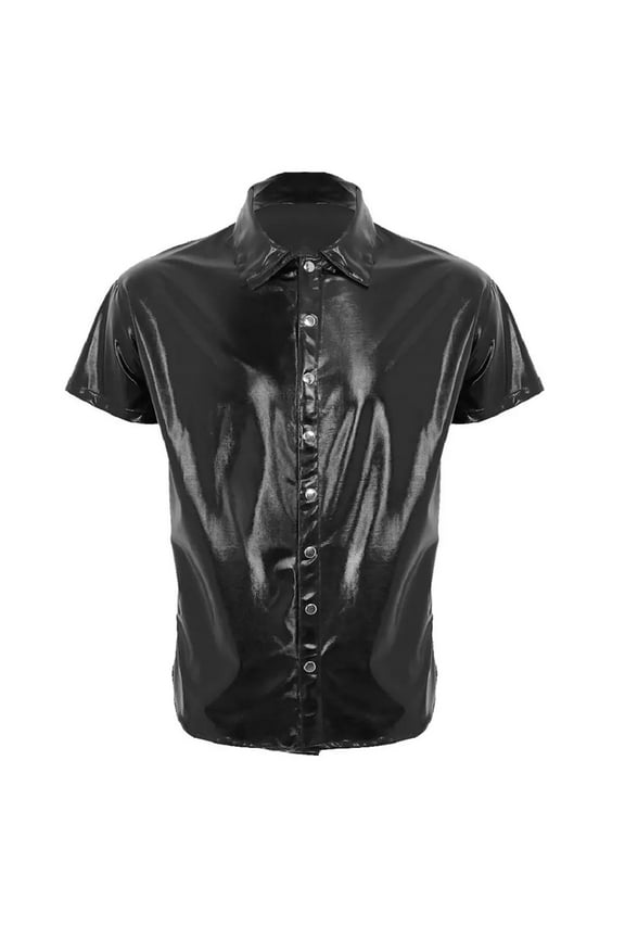 Men Shiny Leather Shirt, Soft Patent Leather, Plus Size 3XL, Male Black Leather Short Sleeve Shirt