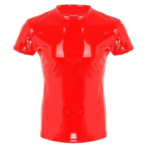 Men Shiny Leather T-Shirt, Glossy PVC Leather, Short Sleeve, Shiny Latex Coat For Male