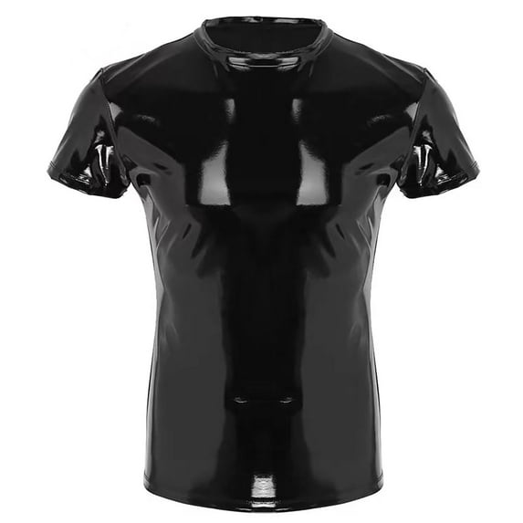 Men Shiny Leather T-Shirt, Glossy PVC Leather, Short Sleeve, Shiny Latex Coat For Male