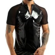 Men Shiny Leather T-Shirt, Glossy PVC Leather, Transparent Mesh, Plus Size Latex Short Sleeve Coat for Male