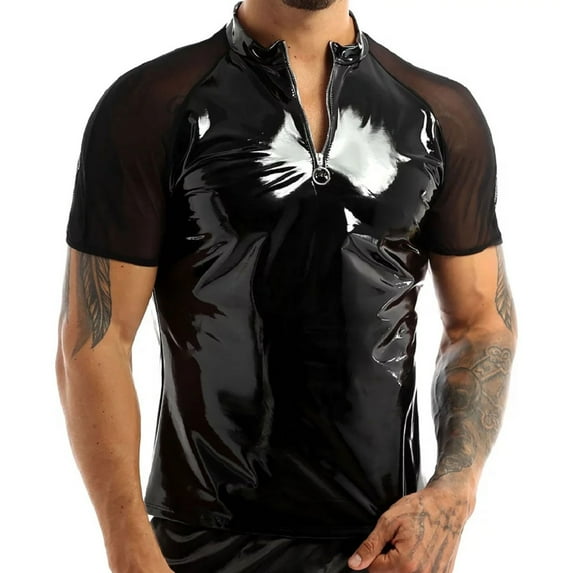 Men Shiny Leather T-Shirt, Glossy PVC Leather, Transparent Mesh, Plus Size Latex Short Sleeve Coat for Male