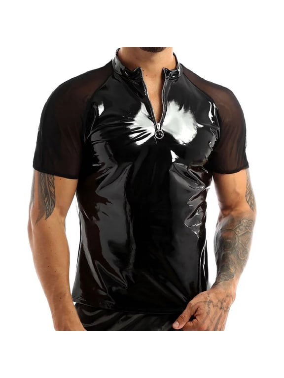 Men Shiny Leather T-Shirt, Glossy PVC Leather, Transparent Mesh, Plus Size Latex Short Sleeve Coat for Male