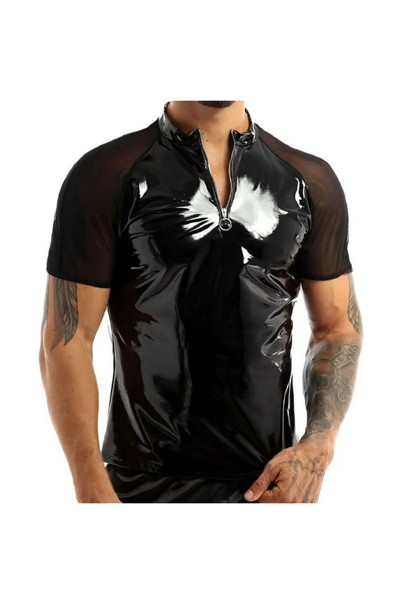 Men Shiny Leather T-Shirt, Glossy PVC Leather, Transparent Mesh, Plus Size Latex Short Sleeve Coat for Male