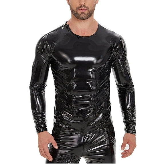 Men Shiny Leather T-shirt, Long Sleeve, Glossy PVC Leather, Crewneck Leather Casual Tops