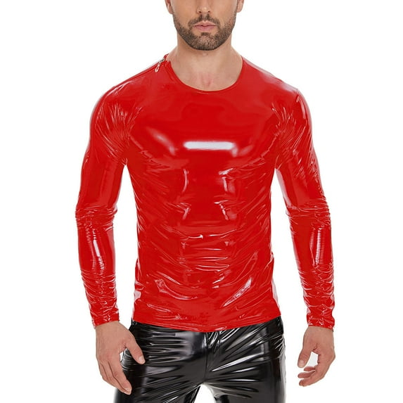 Men Shiny Leather T-shirt, Long Sleeve, Glossy PVC Leather, Crewneck Leather Casual Tops