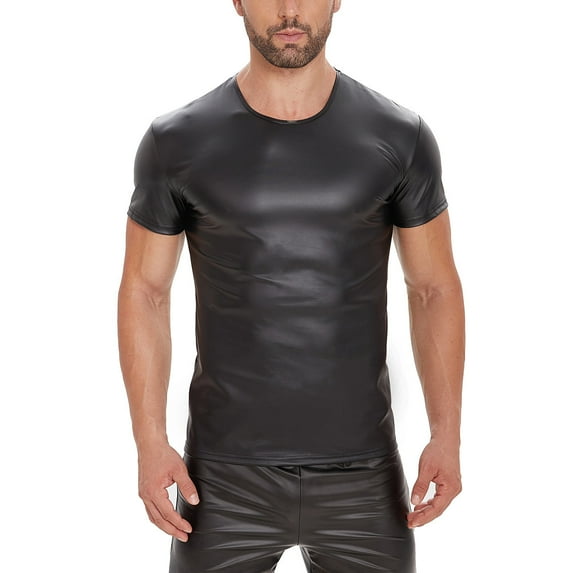 Men Shiny Leather T-shirt, Short Sleeve, Soft Matte Leather, Male Leather Casual Tops