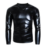 Men Shiny Leather T-shirt, Soft Leather, Long Sleeve, Male Shaping Shirt
