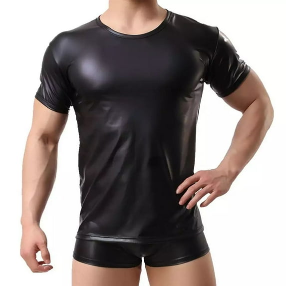 Men Shiny Leather T-shirt, Soft Matte Leather, Plus Size 3XL, Male Black Leather Short Sleeve Shirt