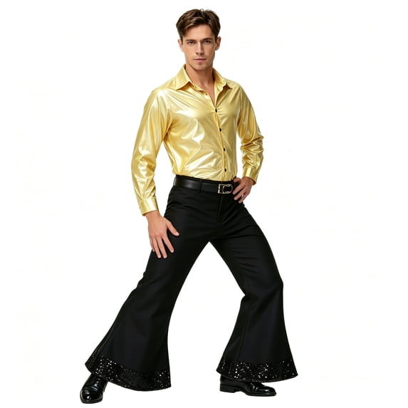 Men Shiny Metallic Shirt and Flared Pants Set, 70s Disco Outfit, Long Sleeve Button‑Down Shirt and Bell Bottom Trousers for Halloween Cosplay Theme Party