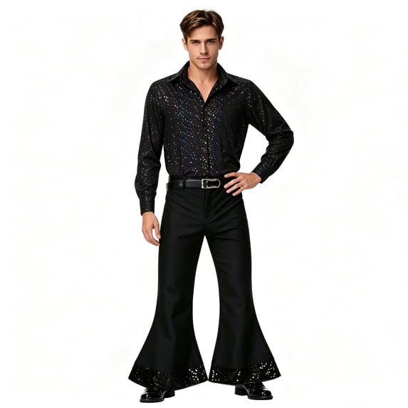 Men Shiny Metallic Shirt and Flared Pants Set, 70s Disco Outfit, Long Sleeve Button‑Down Shirt and Bell Bottom Trousers for Halloween Cosplay Theme Party