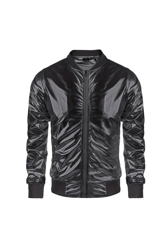 Men Shiny Metallic Silver Bomber Jacket, Ribbed Cuff Collar Zip Up Lightweight Party Club Varsity Coat