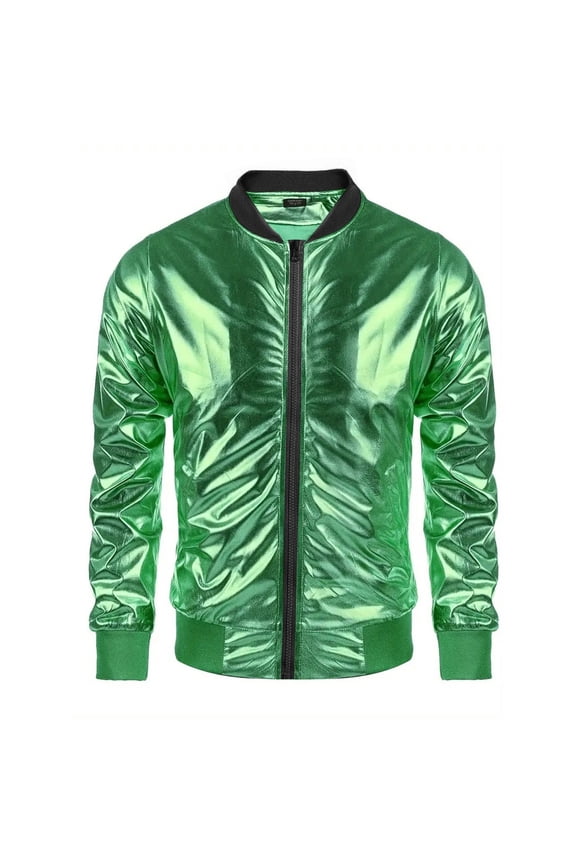 Men Shiny Metallic Silver Bomber Jacket, Ribbed Cuff Collar Zip Up Lightweight Party Club Varsity Coat