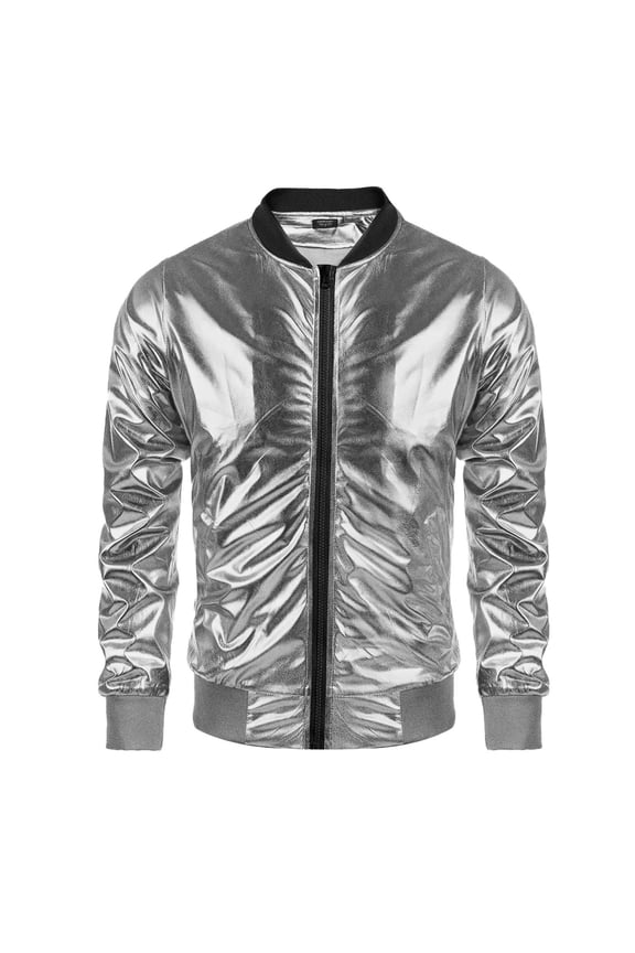 Men Shiny Metallic Silver Bomber Jacket, Ribbed Cuff Collar Zip Up Lightweight Party Club Varsity Coat