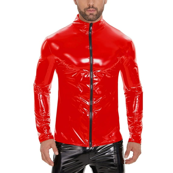 Men Shiny PVC Leather Shirt, Long Sleeve, Full Zipper, Male Glossy Leather Casual Tops