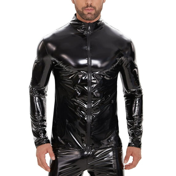 Men Shiny PVC Leather Shirt, Long Sleeve, Full Zipper, Male Glossy Leather Casual Tops