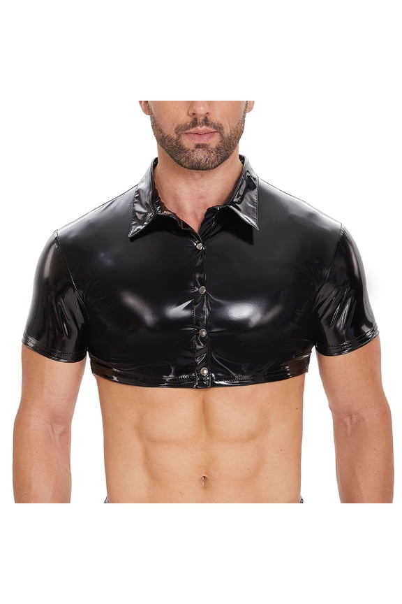 Men Shiny PVC Leather Shirt, Short Sleeve, Full Zipper, Male Glossy Leather Casual Tops