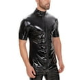 thumbnail image 1 of Men Shiny PVC Leather Shirt, Short Sleeve, Full Zipper, Male Glossy Leather Casual Tops, 1 of 7