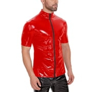 Men Shiny PVC Leather Shirt, Short Sleeve, Full Zipper, Male Glossy Leather Casual Tops