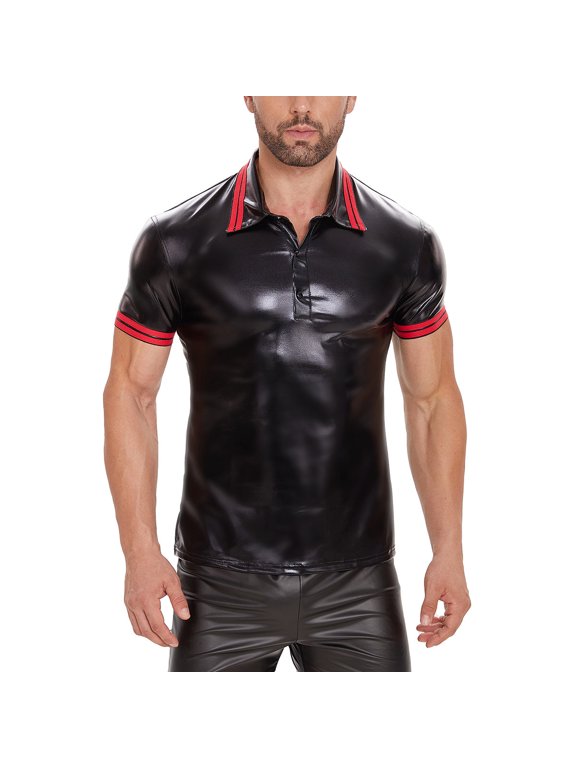 Men Shiny Patent Leather Polo Shirt, Short Sleeve, Male Soft Leather Casual Tops