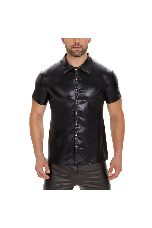 Men Shiny Patent Leather Shirt, Short Sleeve, Sexy Soft Coat for Male, Solid Color