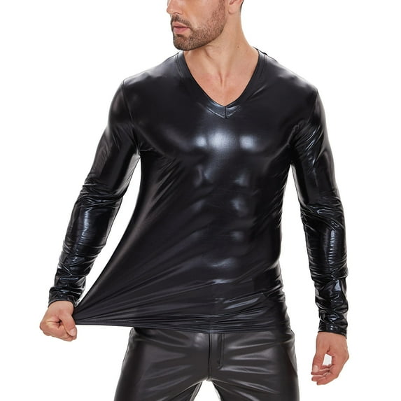 Men Shiny Patent Leather T-shirt, Long Sleeve, Male Soft Leather Casual V-neck Tops