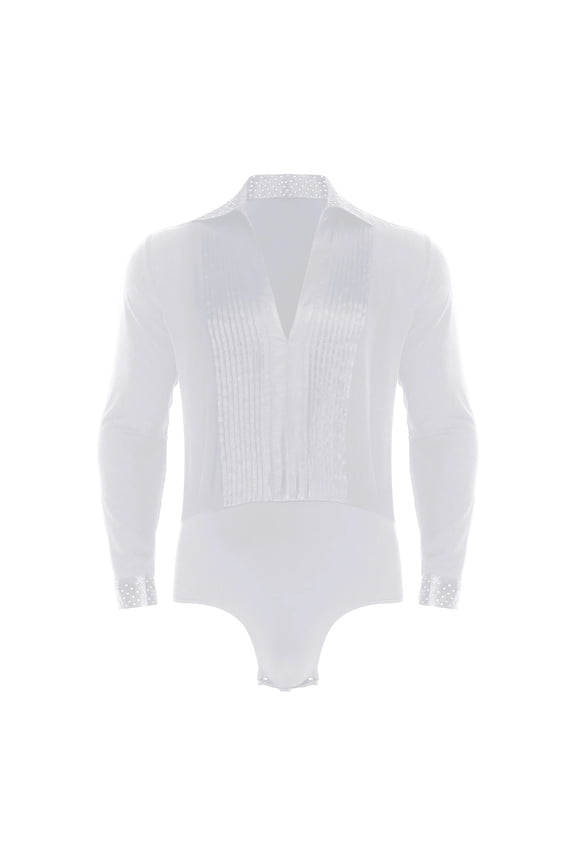 Men Shiny Rhinestones Jazz Leotard Ballroom Latin Dance Competition Costume Long Sleeve Pleated Bodysuit Shirts Dancewear
