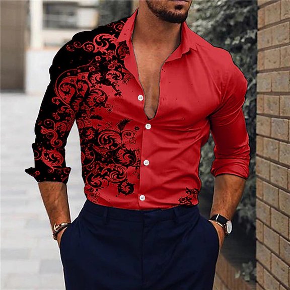 Men Shirt Casual Lapel Collar Long Sleeve Shirts Floral Pattern 3D Print Shirt Summer Button Down Blouse Top Comfortable Outdoor Street T Shirt Clothing Red L