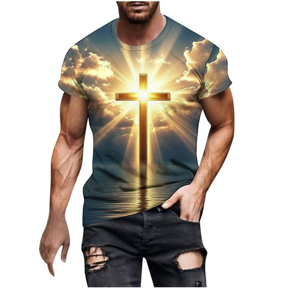 Men Shirt Sale Printed Short Sleeve Shirts for Men Cross Design Round Neck Loose Fit Perfect for Casual and Daily Use