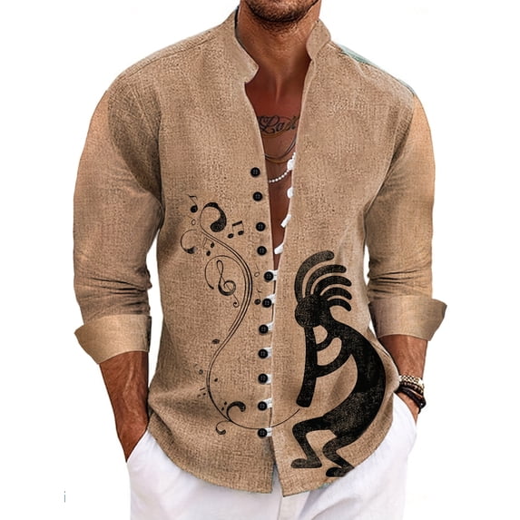 Men Shirt Cotton Linen Shirt Casual Loose Long Sleeved Shirt Button Down Shirt New Men Beach Holiday Shirt Khaki L